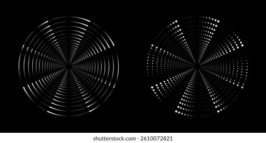 et of black thick halftone dotted speed lines. Speed lines in circle form. Geometric art. Design element for frame, logo, tattoo, web pages, prints, posters, template, abstract vector background.