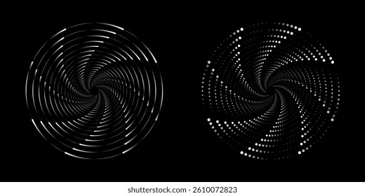 et of black thick halftone dotted speed lines. Speed lines in circle form. Geometric art. Design element for frame, logo, tattoo, web pages, prints, posters, template, abstract vector background.