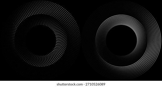 et of black thick halftone dotted speed lines. Speed lines in circle form. Geometric art. Design element for frame, logo, tattoo, web pages, prints, posters, template, abstract vector background.