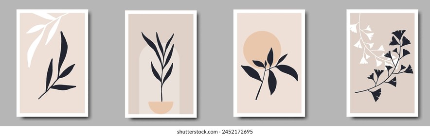 et of Boho aesthetic abstract botanical wall arts. Trendy posters for Scandinavian, japandi interior design in neutral pastel colors.