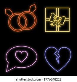 et of bright luminous multi-colored festive neon signs for the store and cards beautiful shiny with love broken hearts rings gift boxes on a black background. Vector illustration.
