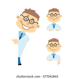 et of cartoon vector scientist character in various poses. Illustration of man in glasses, white coat, dark blue tie and blue shirt. Young happy doctor shows blank banner and points his finger