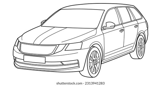 et of classic station wagon. Different five view shot - front, rear, side and 3d. Outline doodle vector illustration