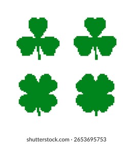 et of Clover templates in pixel art style. Green solid good luck symbols. Three-leaf clover, four-leaf clover, botanical, labels. Isolated on white background.