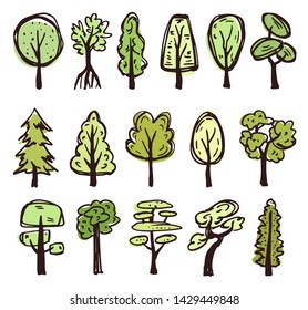 et of colored doodle trees isolated on white background.