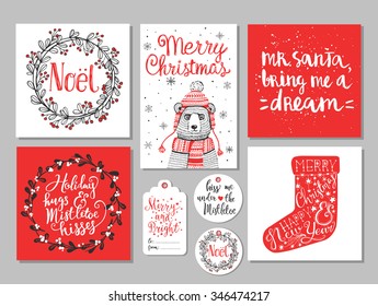 et of creative Christmas hand drawn red and white greeting cards and gift tags. Christmas sock, Christmas tree, mistletoe wreath, handwritten lettering, funny winter bear in knitted hat and scarf 