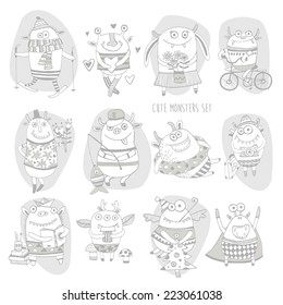 et of different cute funny cartoon monsters 