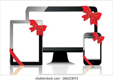 et of digital devices with ribbons and bow