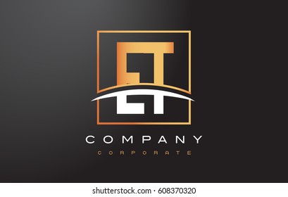 ET E T Golden Letter Logo Design with Swoosh and Rectangle Square Box Vector Design.