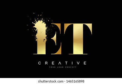 ET E T Letter Logo with Gold Melted Metal Splash Vector Design Illustration.