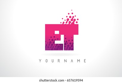 ET E T Letter Logo with Pink Letters and Purple Color Particles Dots Design.