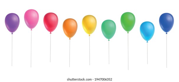 Set von 3D-Helium-Ballons in Regenbogenfarben auf weißem Hintergrund. Realistische, bunte Designelemente in Rot, Orange, Gelb, Grün, Blau, Violett. Vektorgrafik.