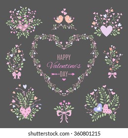 et of floral elements for your Valentine's Day or Wedding design.  Love concept. Vector illustration