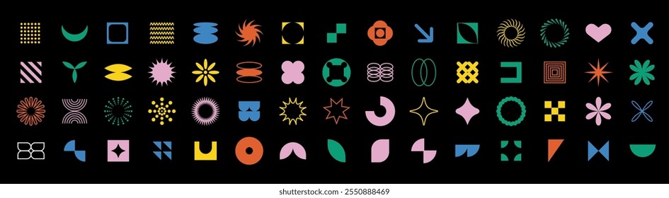 et of futuristic geometric shapes in brutalist style, featuring minimalistic elements like stars, circles, and spirals for a sleek, modern design.