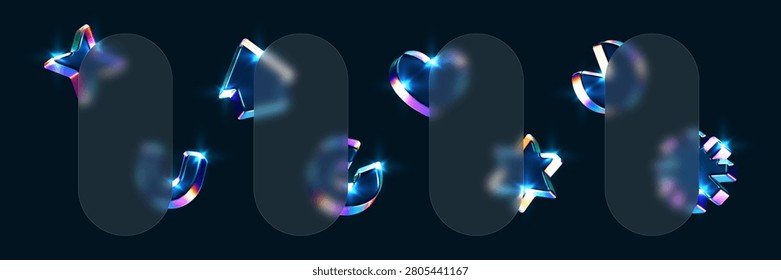 et of glassmorphic banner templates with 3D chrome shapes and blank frosted glass capsule for text, star arrow heart and snowflake design