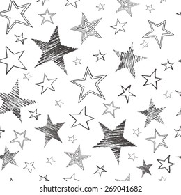 et of hand drawn stars. Retro vintage style. Seamless background .Vector illustration.