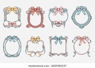 et of hand-drawn frames with bows and ribbons - decorative vintage border	
