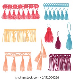 et of images of decorative tassels. Vector illustration on white background.