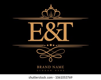 E&T Initial logo, Ampersand initial logo gold with crown and classic pattern