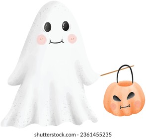 et into the Halloween spirit with this eerie and enchanting illustration featuring a mischievous ghost ready for some trick or treating.