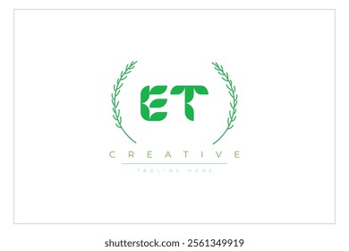 ET letters eco logo with leaf. Fresh nature and healthy leaf logo design.