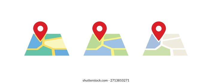 et of location map icons with red pins. GPS, travel navigation, cartography, route, land positioning symbols. Location pointer pin on a simple map. Destination symbol, global positioning system