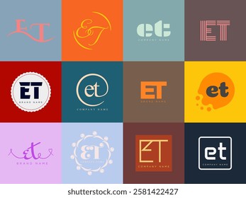 ET logo company template. Letter e and t logotype. Set different classic serif lettering and modern bold text with design elements. Initial font typography. Collection trendy business identity.