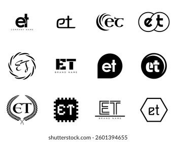 ET logo company template. Letter e and t logotype. Set different classic serif lettering and modern bold text with design elements. Initial font typography. Collection trendy business identity.