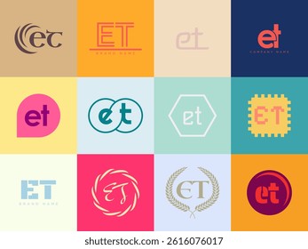 ET logo company template. Letter e and t logotype. Set different classic serif lettering and modern bold text with design elements. Initial font typography. Collection trendy business identity.