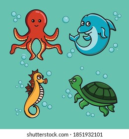 et of marine animals vector illlustration. octopus, dolphin, seahorse, turtle