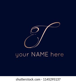 ET monogram in shiny rose gold color.Stylish, elegant wedding lettering.Calligraphic vector icon.Type based logo isolated on royal blue background.
