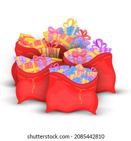 et red bags with miscellaneous Christmas gifts. Cute Christmas bags of Santa Claus. Boxes on birthday. Isolated on a white background