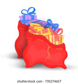 et red bags with miscellaneous Christmas gifts. Cute Christmas bags of Santa Claus. Boxes on birthday. Isolated on a white background