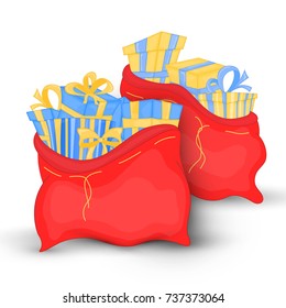 et red bags with miscellaneous Christmas gifts. Cute Christmas bags of Santa Claus. Boxes on birthday. Isolated on a white background