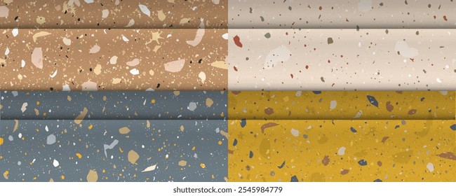 et seamless terrazzo patterns. Pattern for ceramics marble natural stone. Vector stock illustration textured shapes in vibrant colors