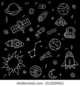 Conjunto de objetos espaciales, planetas, estrellas, un platillo volador, un cohete, el sol sobre un fondo negro. Espacio, ciencia. Vector