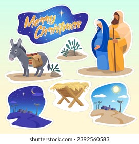 et sticker nativity of holy family manger scene. merry christmas colorful design. Vector flat illustration