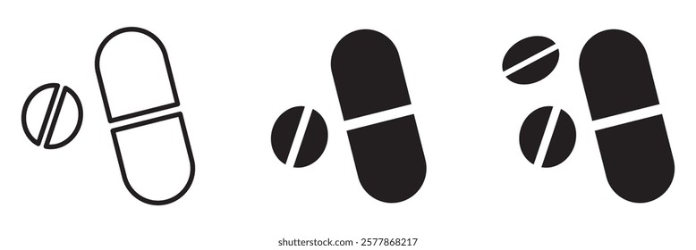 et of tablet icon set. Pill capsule in line. Vitamin sign. Vector Illustration.