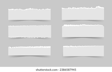 et of torn or ripped sheets of white paper. Scrapbook edges, notebook tears, blank page separations. vector