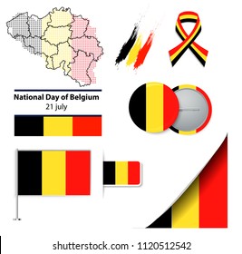  et of vector icons for the national day of Belgium. Flag of Belgium, map of Belgium, badge and ribbon in colors of the flag of Belgium