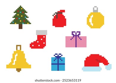 et of vector pixel objects. Christmas Icon for a Pixel Game, Holiday Cards or Festive Scrapbooking Elements.