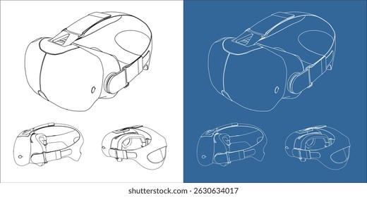 et Virtual and Augmented Reality Wearable Device – Technical Line Art Blueprint of VR AR Headset