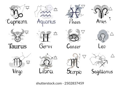 et of zodiac signs, vector graphics on a white background. The 12 astrological symbols are depicted in a minimalist, stylized manner. Each sign is represented by a distinct icon. Vector illustrator