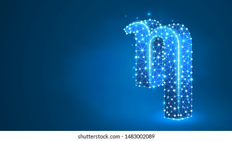 Eta, the letter of a Greek alphabet. Greek numerals, mathematical number eight concept. Abstract, digital, wireframe, low poly mesh, vector blue neon 3d illustration. Triangle, line dot