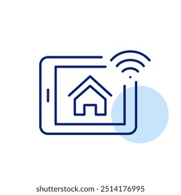 E-Tablet mit Home-Symbol auf dem Bildschirm und WiFi. Smart Home Hub, Remote-Arbeitsplatz-Konnektivität. Pixel perfekt, bearbeitbares Strichsymbol