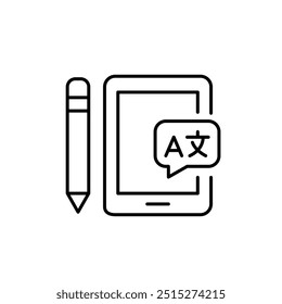E-tablet, pencil and speech bubble with languages symbols. Interactive e-learning tools, creative online platform. Pixel perfect vector icon