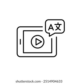 E-tablet with play video button and languages speech bubble. Use of media in education. Pixel perfect vector icon