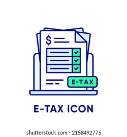 Icono de impuesto electrónico. Icono de Devolución de Impuestos Electrónicos. Pila de documentos en papel con casillas de verificación marcadas y registro de impuestos en el portátil. Pago y factura de facturación. Diseño de señales de impuestos digitales. Icono de línea plana del vector