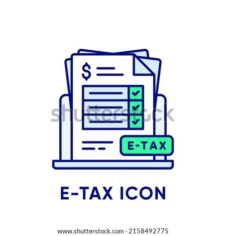 E-tax icon. Electronic Tax Return icon concept. Stack of paper documents with checked checkboxes and tax sign on laptop. Payment and bill invoice. Digital Tax sign design. Vector flat line icon