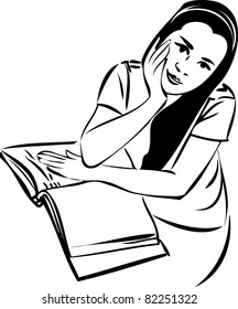 etch of a girl at a table in a book